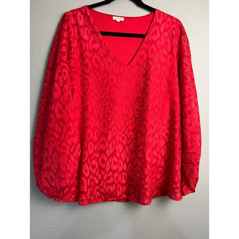 Jodifl Red Leopard Burnout V-Neck Balloon Sleeve Blouse Romantic Feminine Small